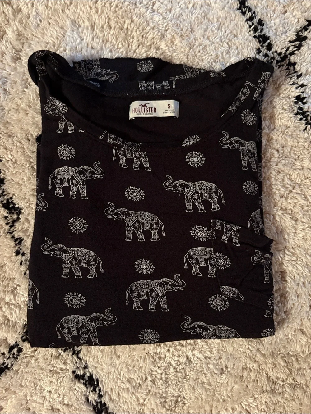 Hollister Black Tee with Ivory Elephant Print and Pocket